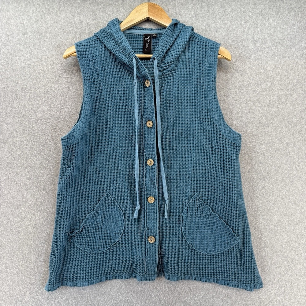 Focus Casual Life Vest Womens Large Aqua Blue Sleeveless Button Hooded Lagenlook